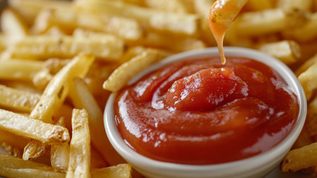 A dynamic shot of a plate of crispy French fries being dipped into a small bowl of ketchup, with droplets of sauce splashing, showcasing the perfect pairing of flavors.の素材