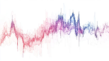 A digital financial chart showing stock prices fluctuating over time, with a clear focus on the upward trends, set against a minimalist white background.の素材