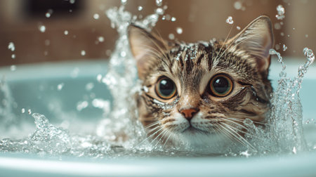 A dynamic photo of a cat splashing water playfully while trying to escape the bath, emphasizing the amusing antics of pets during their grooming sessions.の素材