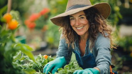 A dynamic image of a woman preparing to harvest vegetables from her garden, wearing a wide-brimmed hat and gloves, showcasing the joy and rewards of gardening.の素材