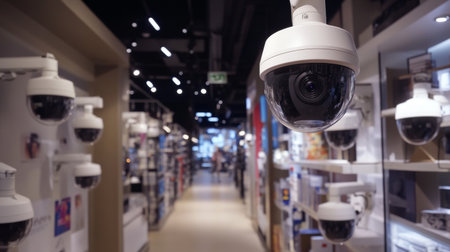 A dynamic shot of multiple CCTV cameras positioned in a retail store, monitoring customer activity, emphasizing the importance of security in commercial spaces.の素材