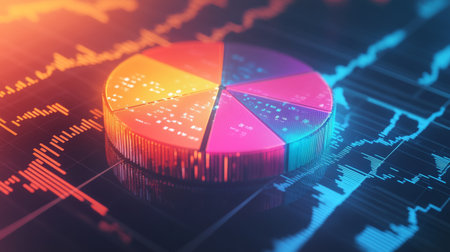 A dynamic financial pie chart with bright, segmented slices showing business income allocation, overlaid on a blurred stock market graph for a high-tech feel.の素材