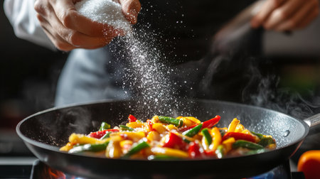 A dynamic shot of a chef sprinkling cooking salt over a colorful stir-fry dish in a sizzling pan, capturing the excitement and precision of culinary art.の素材