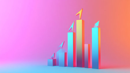 A dynamic 3D bar graph with arrows pointing upward, set against a gradient background, symbolizing data trends, economic growth, and financial success.の素材