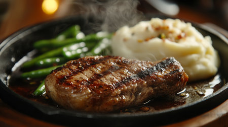 A dynamic shot of a sizzling pork steak being served on a hot skillet, with steam rising and a side of mashed potatoes and green beans.の素材