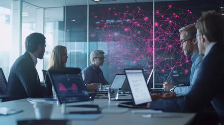 A dynamic shot of a business meeting with participants using laptops and tablets, connected via wireless technology, showcasing modern communication in a corporate setting.の素材