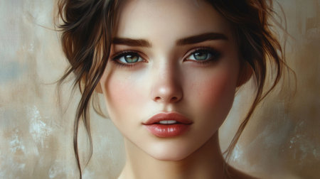 A detailed portrait of a woman with striking eyes and a subtle, elegant smile, captured in a sophisticated and polished setting.の素材