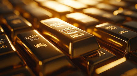 A dynamic image of multiple gold bars stacked neatly, with one bar slightly tilted to reveal its detailed engraving, creating an eye-catching display of wealth.の素材