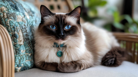 A fluffy Siamese cat wearing a soft velvet collar with a small charm, sitting gracefully on a plush chair, gazing directly into the camera with bright blue eyes.の素材