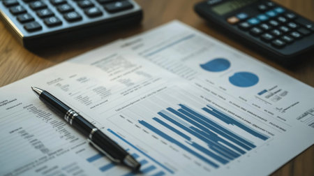 A flat lay of a printed financial report with charts and graphs, a calculator, and a penの素材