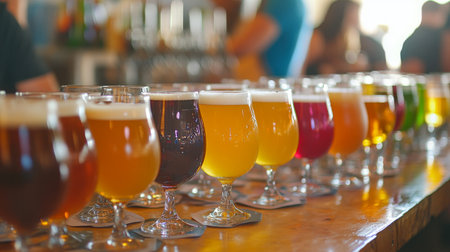 A fun shot of a beer tasting event, with an array of colorful craft beers displayed on a table, inviting enthusiasts to explore different flavors and styles.の素材