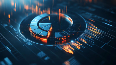 A futuristic 3D pie chart with metallic slices rotating in mid-air, glowing softly with data points floating nearby, perfect for visualizing complex financial information.の素材