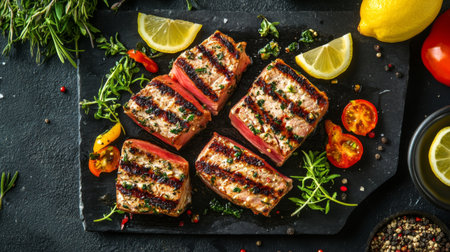 A flat lay of a seafood platter featuring grilled tuna steaks, garnished with lemon wedges, herbs, and a side of vegetables, highlighting a gourmet meal.の素材