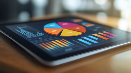 A financial pie chart highlighting different revenue streams for a startup, with vivid colors and icons for each segment, displayed on a sleek digital tabletの素材