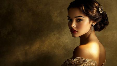 A glamorous portrait of a woman in an elegant dress, with soft lighting accentuating her features, creating a sophisticated and timeless beauty.の素材