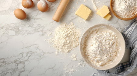A flat lay of ingredients for baking, including flour, eggs, sugar, and butter, with a mixing bowl and rolling pin, set on a clean kitchen countertop.の素材