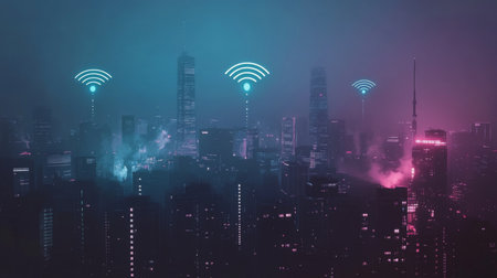 A futuristic image of a city skyline with wireless signals represented graphically in the air, illustrating the integration of wireless technology in urban environments.の素材