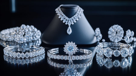 A glamorous display of various diamond jewelry pieces, including earrings, necklaces, and bracelets, elegantly arranged on a reflective surface, highlighting their shine.の素材