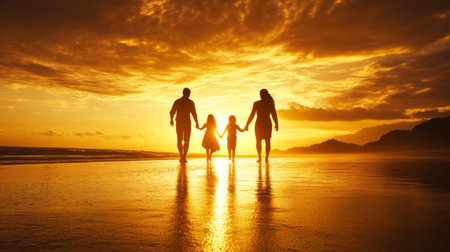 A heartwarming silhouette of a family holding hands while walking along a beach at sunset, their shadows stretching across the sand, symbolizing togetherness and love.の素材