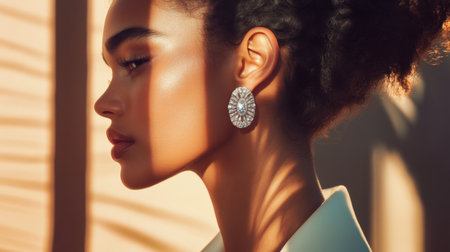 A high-fashion image of a model wearing a pair of statement diamond earrings, set against a chic and sophisticated backdrop to accentuate their luxury.の素材