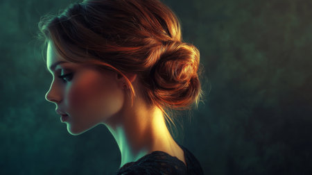 A graceful image of a woman with a classic chignon hairstyle, elegantly dressed for an evening event, with soft lighting emphasizing her refined look.の素材