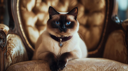 A fluffy Siamese cat wearing a soft velvet collar with a small charm, sitting gracefully on a plush chair, gazing directly into the camera with bright blue eyes.の素材