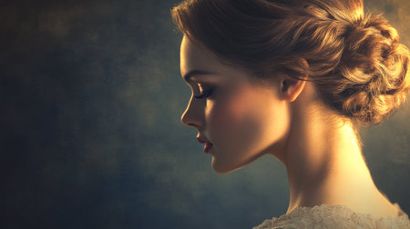 A graceful image of a woman with a classic chignon hairstyle, elegantly dressed for an evening event, with soft lighting emphasizing her refined look.の素材