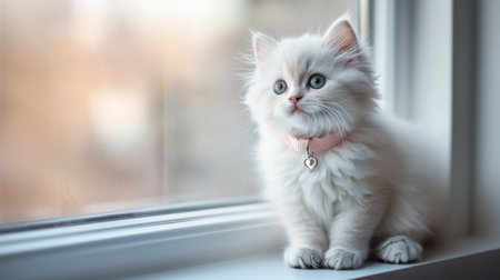 A fluffy white kitten wearing a pastel pink collar with a tiny heart charm, sitting on a windowsill and gazing outside with wide, innocent eyes.の素材