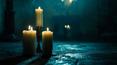 A hauntingly beautiful shot of candles illuminating a dark room during a meditation session, with soft shadows creating a mysterious and contemplative moodの素材