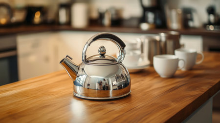 A high-angle view of a kettle with a traditional design sitting on a wooden kitchen countertop, with a teapot and cups in the background ready for tea time.の素材