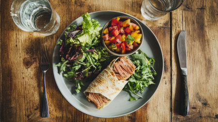 A flat lay of a simple and healthy meal with tuna, including a tuna wrap, a side of mixed greens, and a glass of water, arranged neatly on a dining table.の素材