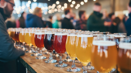 A fun shot of a beer tasting event, with an array of colorful craft beers displayed on a table, inviting enthusiasts to explore different flavors and styles.の素材