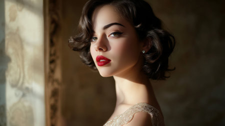 A glamorous portrait of a woman in an elegant dress, with soft lighting accentuating her features, creating a sophisticated and timeless beauty.の素材