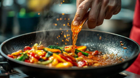 A hand pouring sauce into a pan of saut vegetables, the action frozen in time with vibrant splashes of sauce contrasting against the pan.の素材