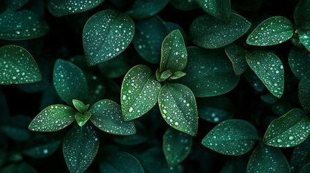 A high-angle view of a lush plant with numerous leaves covered in dew, creating a sparkling effect and showcasing the plants natural beauty.の素材