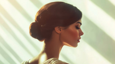 A graceful image of a woman with a classic chignon hairstyle, elegantly dressed for an evening event, with soft lighting emphasizing her refined look.の素材