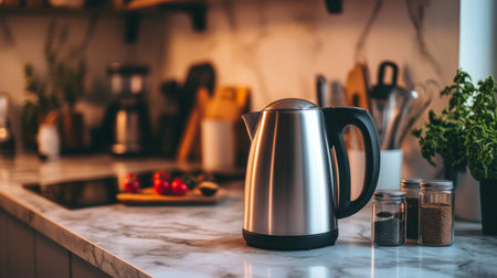 A high-resolution image of a kettle on a marble countertop, with a background of ingredients and kitchen gadgets, ready for making hot beverages.の素材