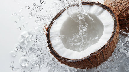 A high-resolution image of a fresh coconut with its shell cracked open, revealing the white coconut flesh and water inside, set on a clean, white background.の素材