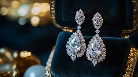 A high-resolution image of a pair of sophisticated diamond drop earrings hanging from a luxurious velvet jewelry box, with a focus on their intricate design.の素材