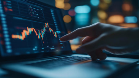 A high-resolution image of a hand pointing at a financial graph on a laptop screen, with a focus on key data points and upward trends in a professional workspace.の素材
