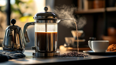 A kettle with a gooseneck spout pouring hot water into a French press, with freshly ground coffee beans and a coffee cup on the counter.の素材