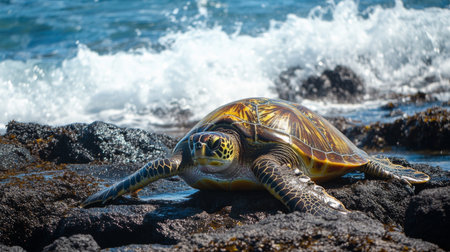 A high-resolution image of a sea turtle basking in the sun on a rocky coastal shore, with waves crashing in the background and a focus on its relaxed pose.の素材