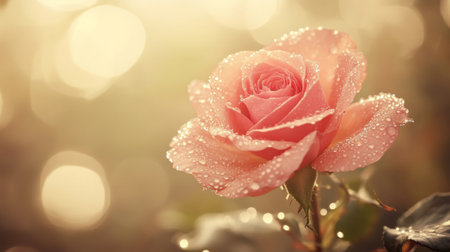 A high-resolution image of a single blooming rose with tiny water droplets on its petals, creating a fresh and elegant look against a soft focus backdrop.の素材