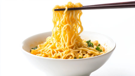 A high-resolution image of a single serving of noodles being lifted with chopsticks, with the noodles stretching and the dish set against a white backdrop.の素材
