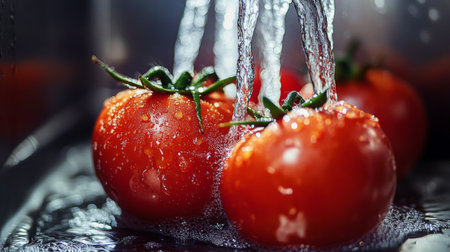 A high-resolution image of tomatoes being washed under a stream of water in a kitchen sink, showcasing their freshness and the process of preparing them for cooking.の素材