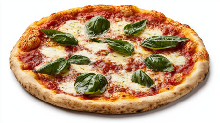 A high-resolution image of a classic Margherita pizza with a crispy crust, topped with fresh basil leaves and a generous amount of tomato sauce and cheese.の素材