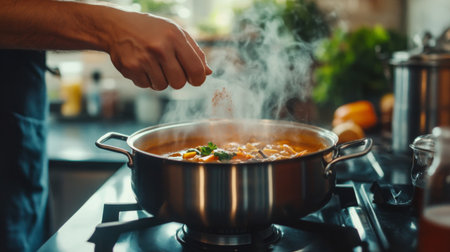 A home cook adding spices to a bubbling pot of soup on the stove, with a focus on the rich, aromatic flavors being developed in the kitchen.の素材