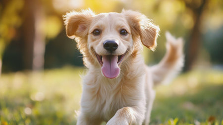 A high-resolution image of a happy dog running towards the camera in a park, with its tongue out and a joyful expression, capturing its playful nature.の素材