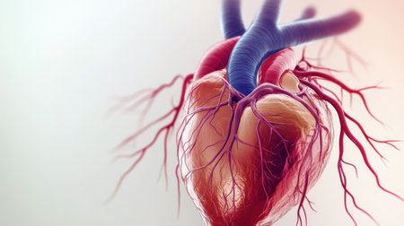 A medical illustration of the human heart, showing the arteries, veins, and chambers, with labels and a clean background for educational purposes.の素材