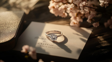 A luxurious scene featuring a diamond engagement ring resting on a wedding invitation, symbolizing love and commitment, perfect for romantic occasions.の素材